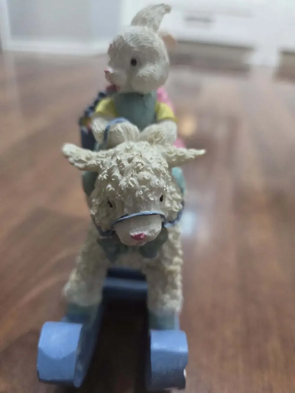 Vintage Resin Easter Bunny Rabbit Figurines Riding On Blue Rocking Lamb READ
